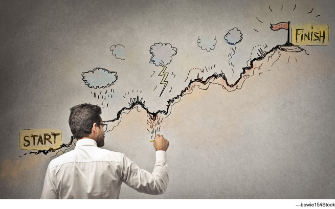 Image of man with graph depicting difficult times.