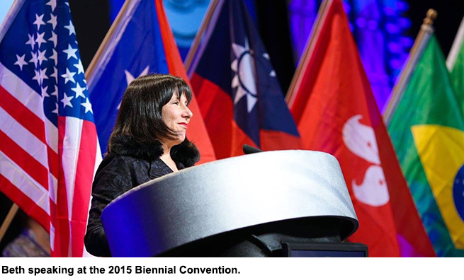 The right person to lead in the coming biennium Beth speaking at the 2015 Biennial Convention.