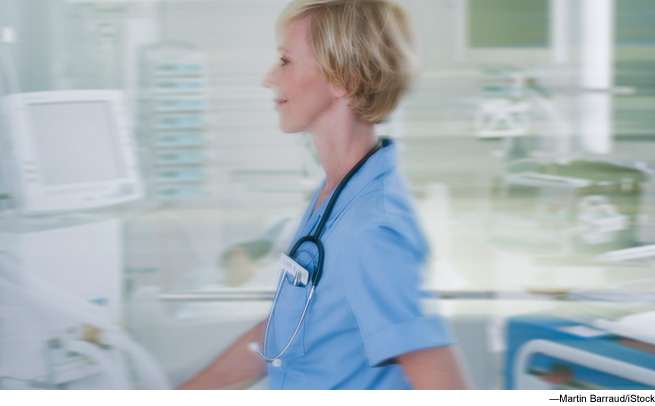 Woman walking with stethoscope