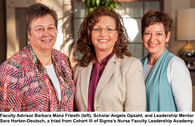 Faculty Advisor Barbara Manz Friesth (left), Scholar Angela Opsahl, and Leadership Mentor Sara Horton-Deutsch.