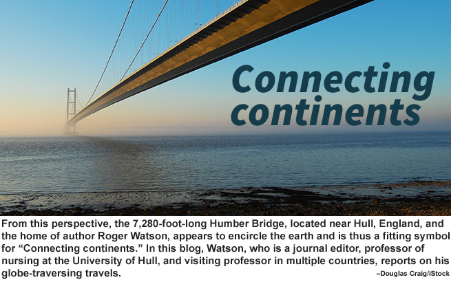 Connecting continents--Roger Watson Photo of bridge with Connecting continents text