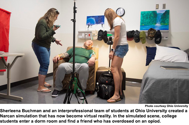 Simulation shows college students discovering friend who has overdosed.