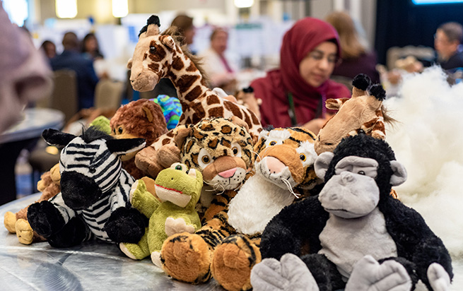 Row of stuffed animals created at Sigma's Creating Healthy Work Environments conference.